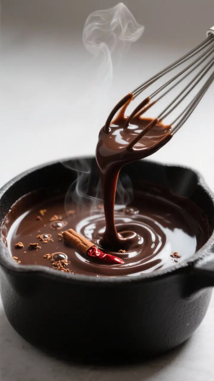 Close-up detail: Silky Dark Chocolate Chili Brew mid-cook in a matte black saucepan, cocoa and spice