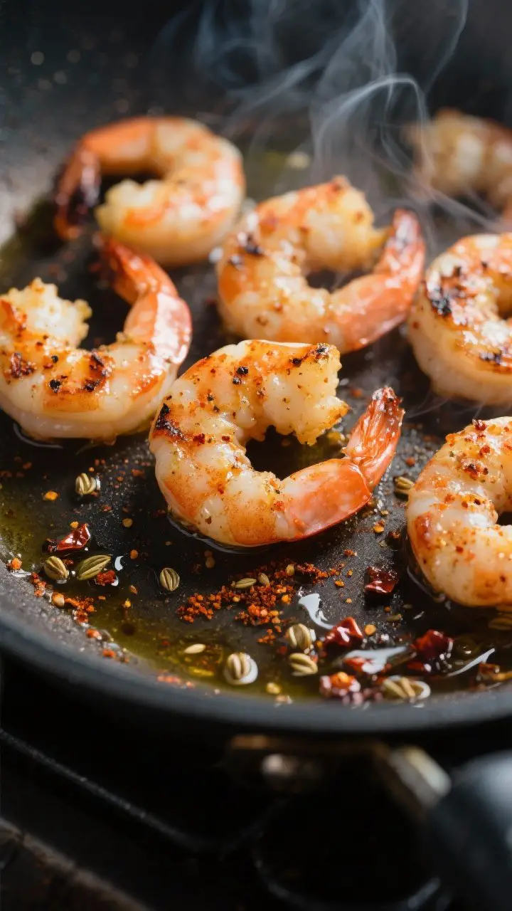 Close-up detail: Sizzling seasoned shrimp in a hot skillet, mid-cook, lightly browned edges and glis