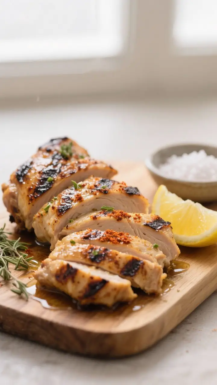Close-up detail: Sliced Mediterranean grilled chicken thighs resting on a cutting board, charred edg