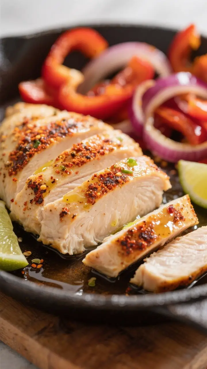 Close-up detail: Sliced, spice-rubbed chicken breast just rested and cut on a warm skillet-to-board