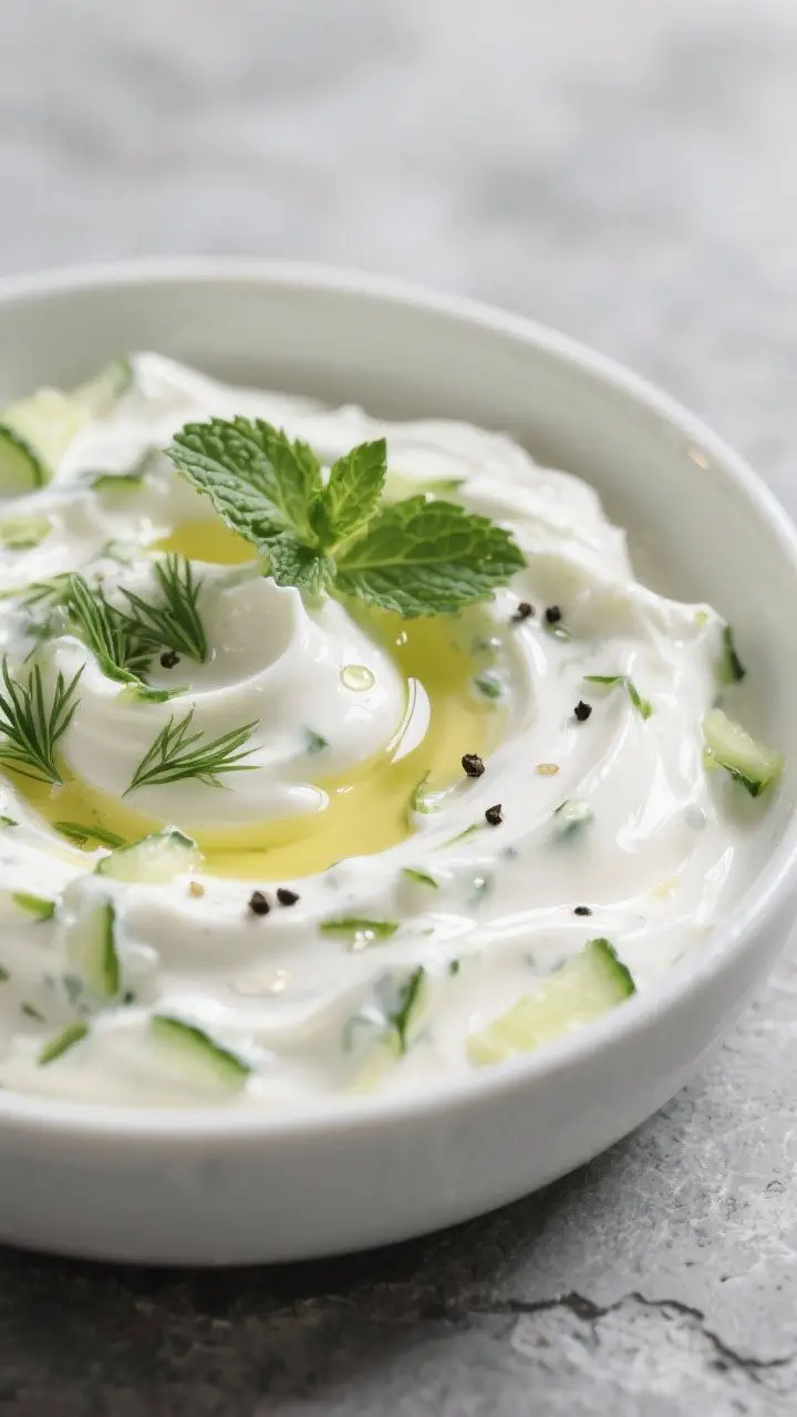 Close-up detail: Thick, creamy tzatziki just after mixing, showing glossy Greek yogurt base swirled 