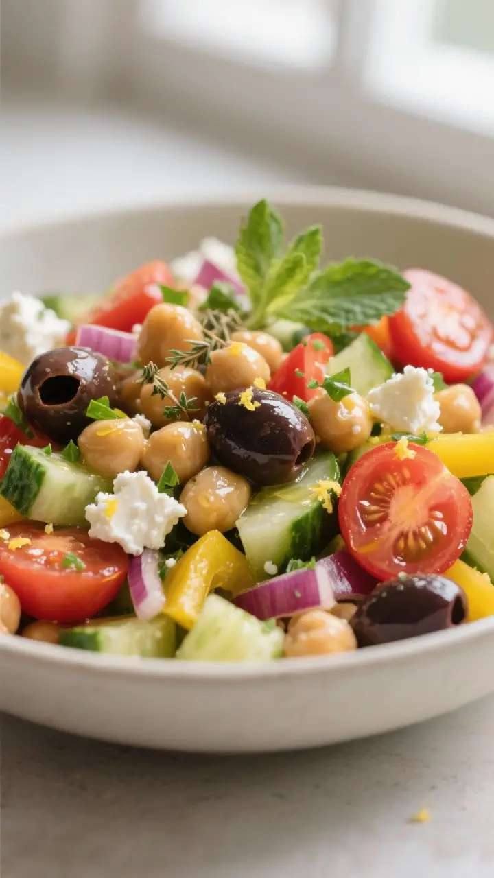 Close-up detail: Tossed Mediterranean chickpea salad just after dressing is emulsified and added, ch