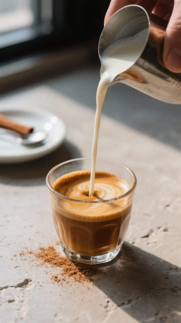 Close-up process shot: warm milk being poured in a thin stream into freshly pulled espresso for a br