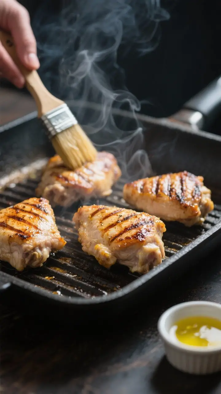Cooking process: Chicken thighs sizzling on a preheated grill pan, mid-cook with defined grill marks