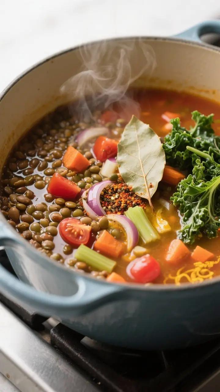 Cooking process close-up: A Dutch oven on the stovetop with the soup mid-simmer—tender brown/green