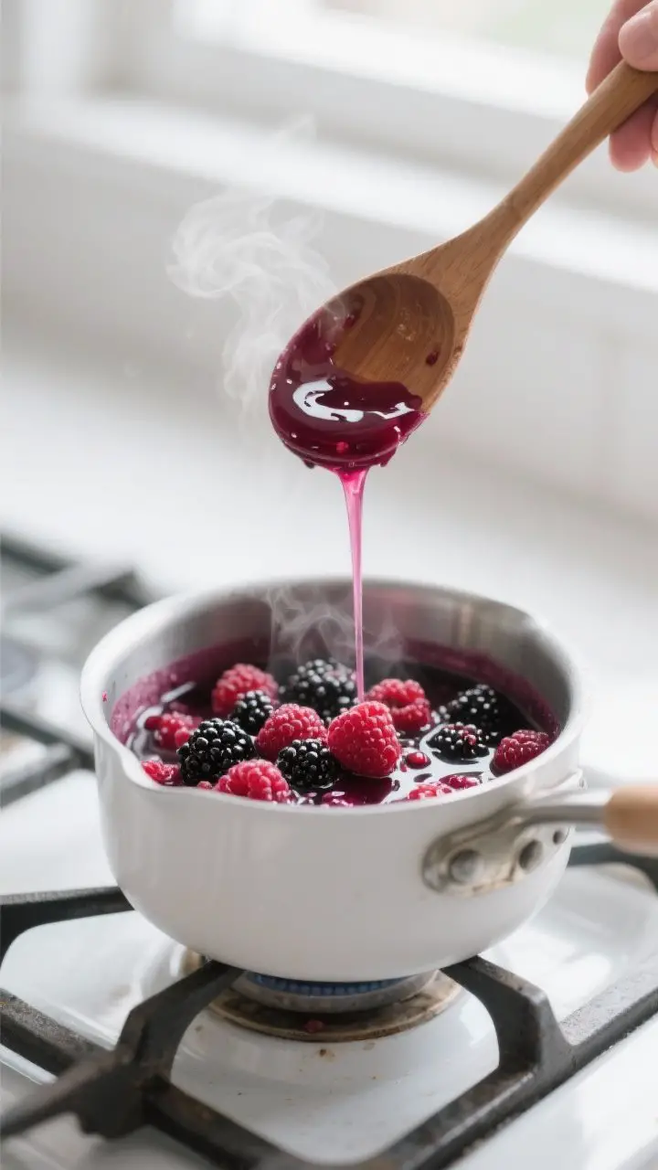 Cooking process close-up: A small saucepan of glossy mixed-berry compote just thickened and bubbling