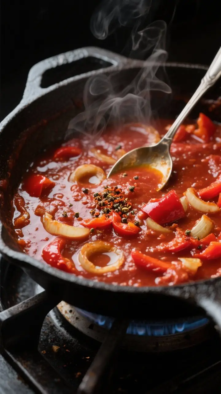 Cooking process close-up: A wide, heavy cast-iron skillet on the stovetop with a gently simmering, t
