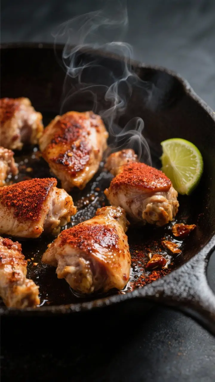 Cooking process close-up: Bite-sized chicken thigh pieces sizzling in a cast-iron skillet, browned e