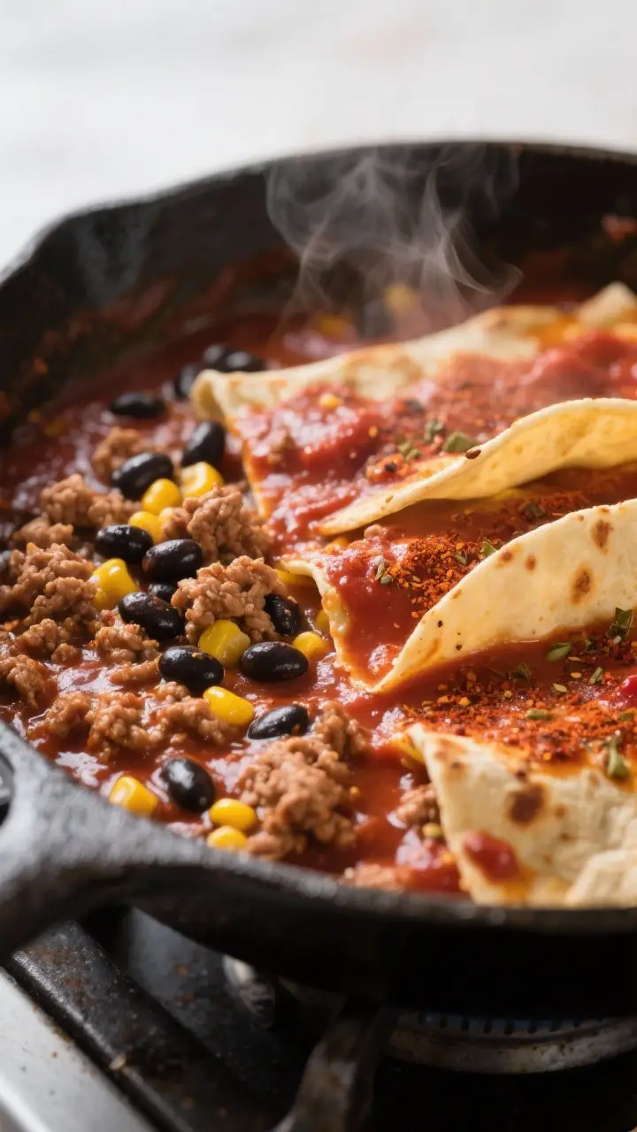 Cooking process, close-up detail: Close-up of a bubbling turkey enchilada skillet mid-simmer, showin