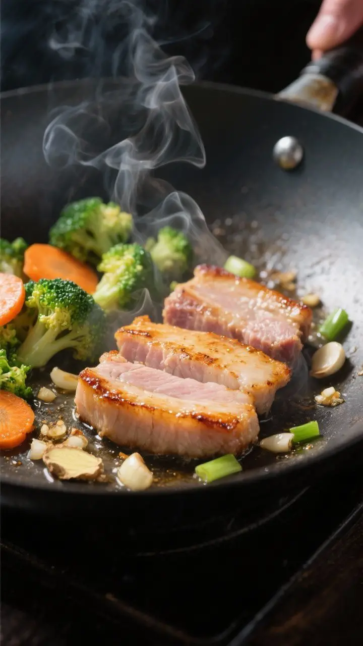 Cooking process, close-up detail: Searing thin slices of pork loin in a wok over high heat, golden-b