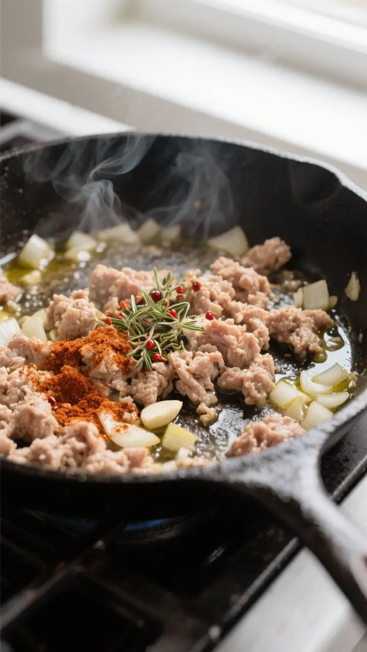 Cooking process, close-up detail: Sizzling ground turkey browning in a large cast-iron skillet with 