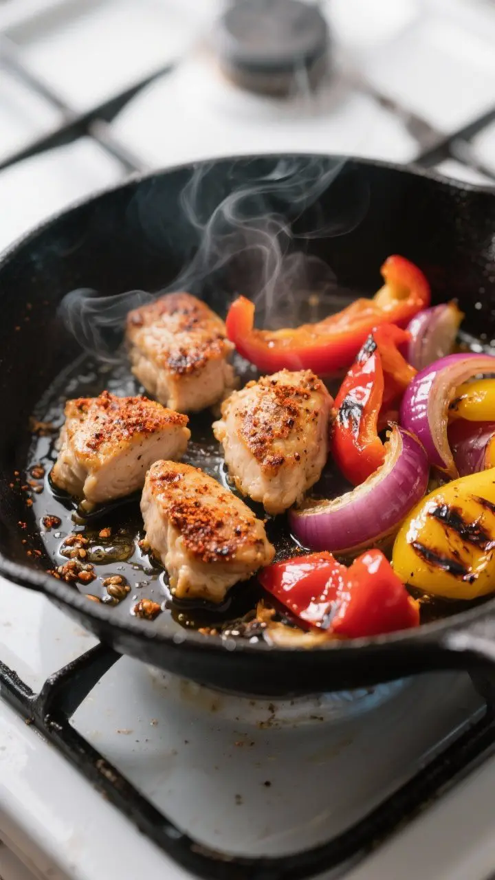 Cooking process, close-up detail: Sizzling skillet of bite-size seasoned chicken searing alongside c