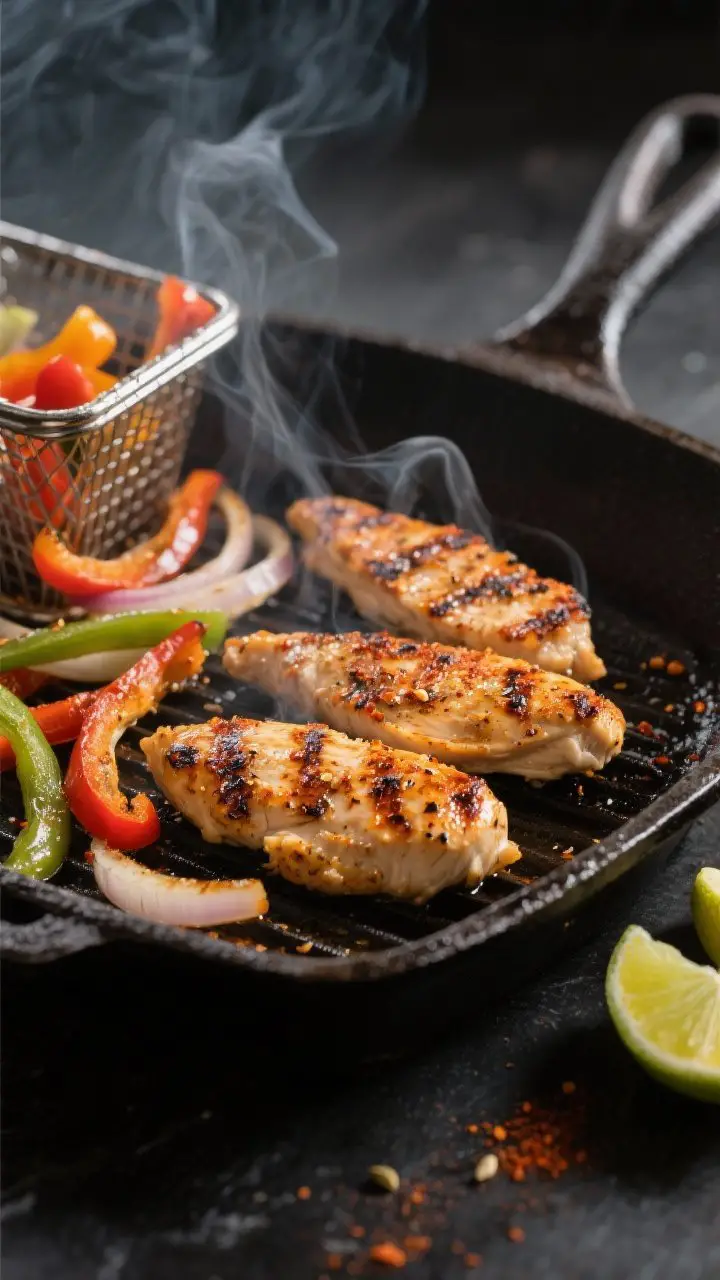 Cooking process close-up: Sizzling grilled chicken strips with visible char and glistening spice cru