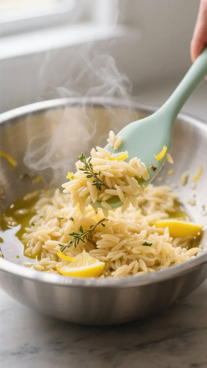 Cooking process close-up: Warm orzo just drained and tossed with glossy lemon-olive oil dressing in 