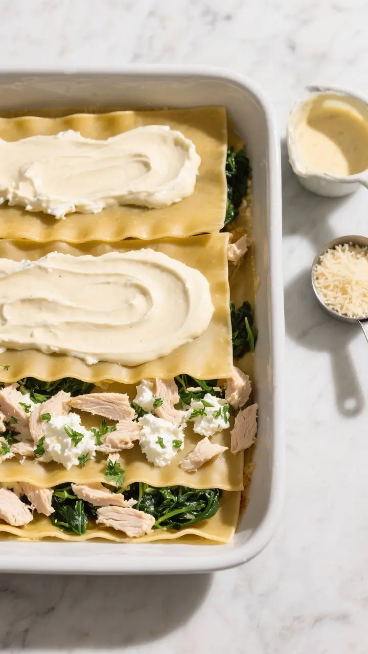 Cooking process: Mid-assembly overhead shot of the lasagna in a 9x13 dish showing a tidy layer seque