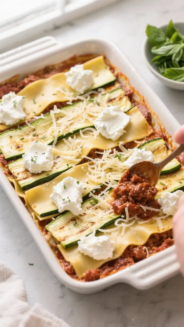 Cooking process: Mid-assembly shot of zucchini lasagna in a 9x13 baking dish—first layers built wi