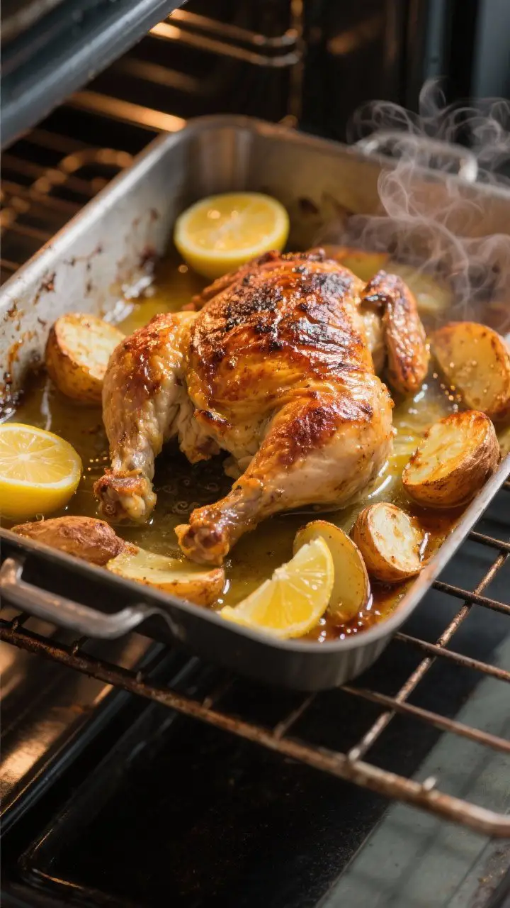 Cooking process: Overhead shot mid-roast on the middle oven rack, showing the one-pan Greek lemon ch