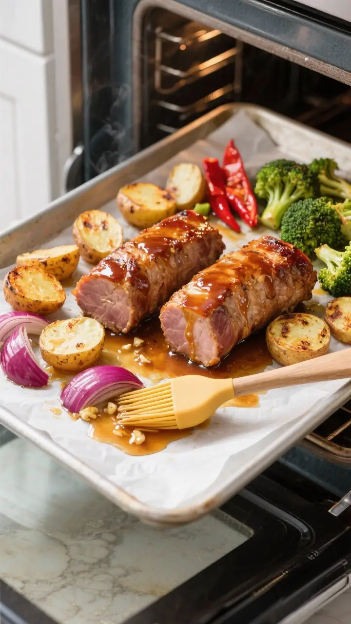Cooking process: Overhead shot of a hot sheet pan mid-roast in a home oven pulled partially out, two