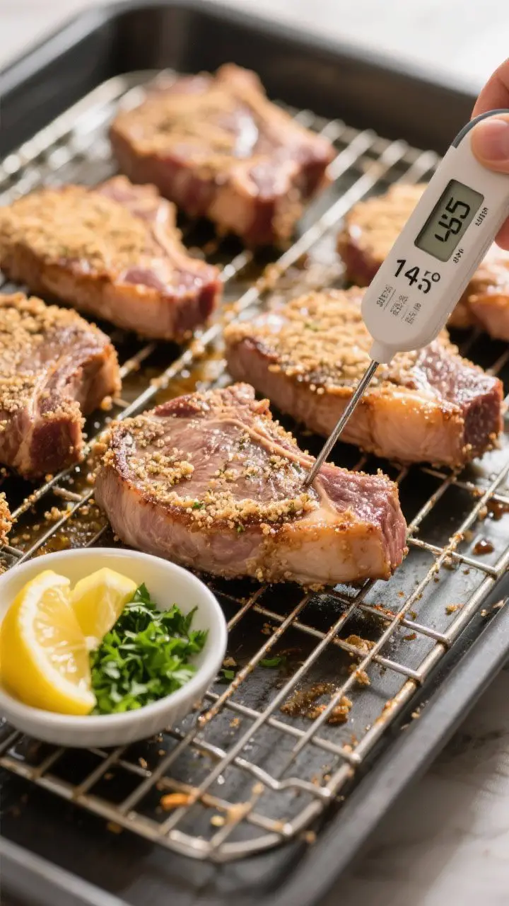 Cooking process: Overhead shot of coated pork chops spaced on a wire rack before broiling, showing e