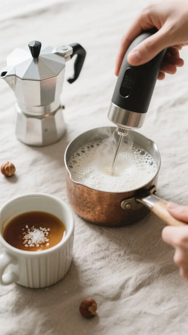 Cooking process: Overhead shot of hot milk being frothed in a small saucepan with a handheld frother