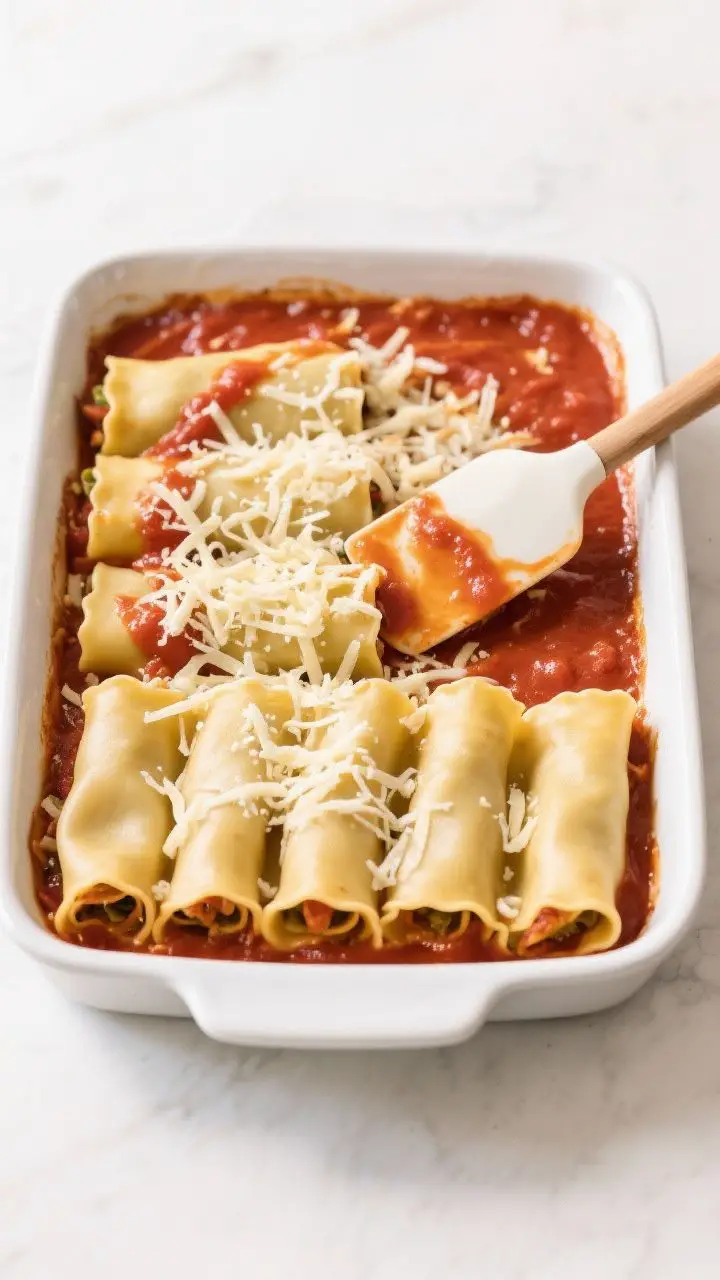 Cooking process: Overhead shot of neatly assembled lasagna roll ups nestled seam-side down in a 9x13