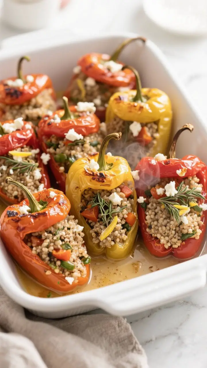 Cooking process: Overhead shot of peppers arranged upright in a white baking dish fresh from the ove