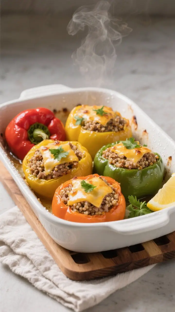 Cooking process: Overhead shot of stuffed peppers just out of the oven after the covered bake and ch