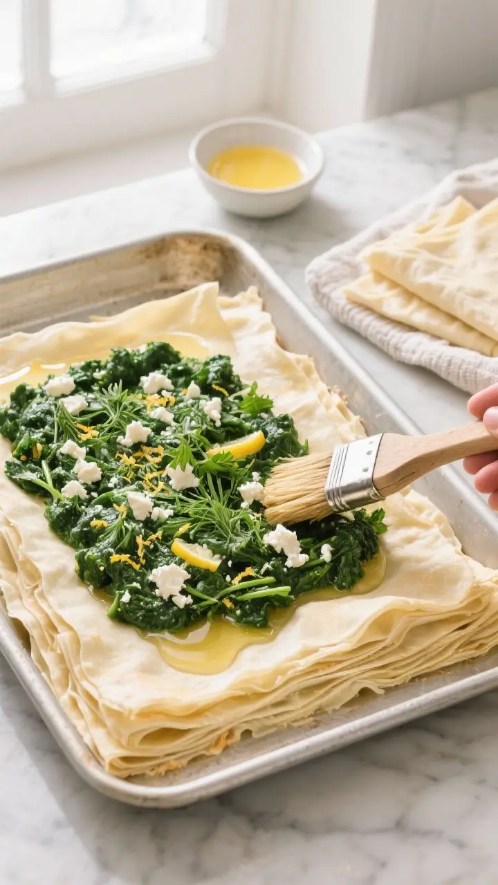 Cooking process: Overhead shot of the assembly stage in a 9x13 baking dish—base layers of phyllo n