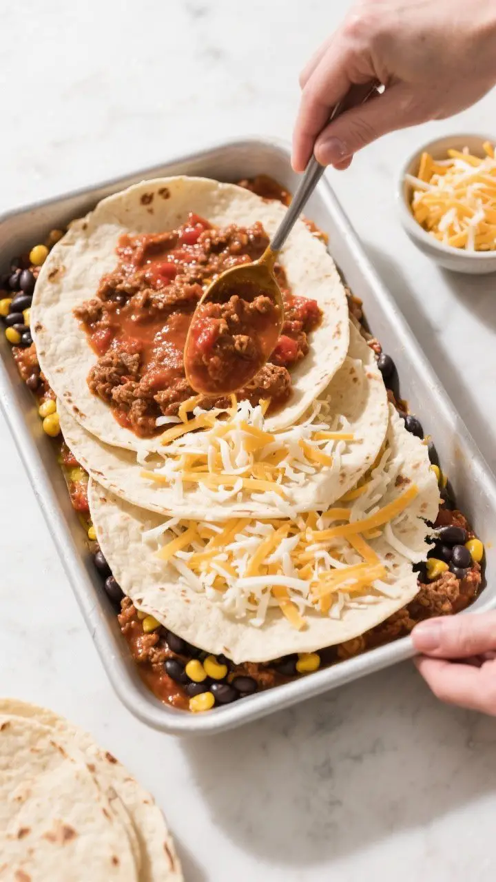 Cooking process: Overhead shot of the layering step in a lightly greased 9x13 dish—first tortilla