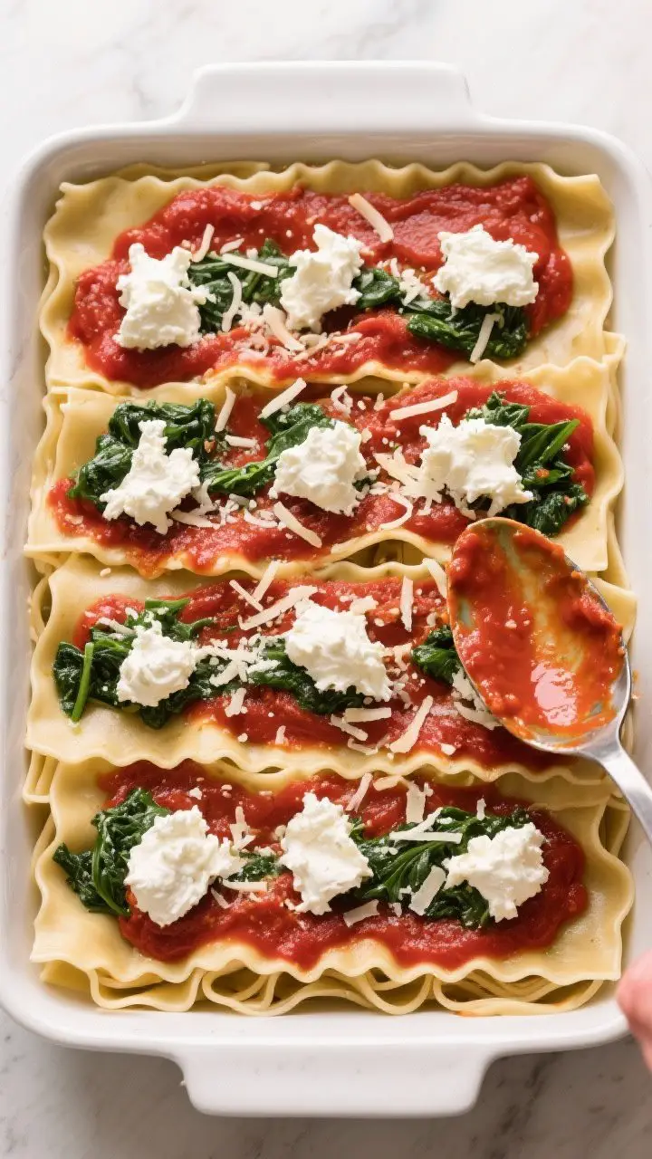 Cooking process: Overhead shot of the layering step in a 9x13 baking dish—noodle layer topped with