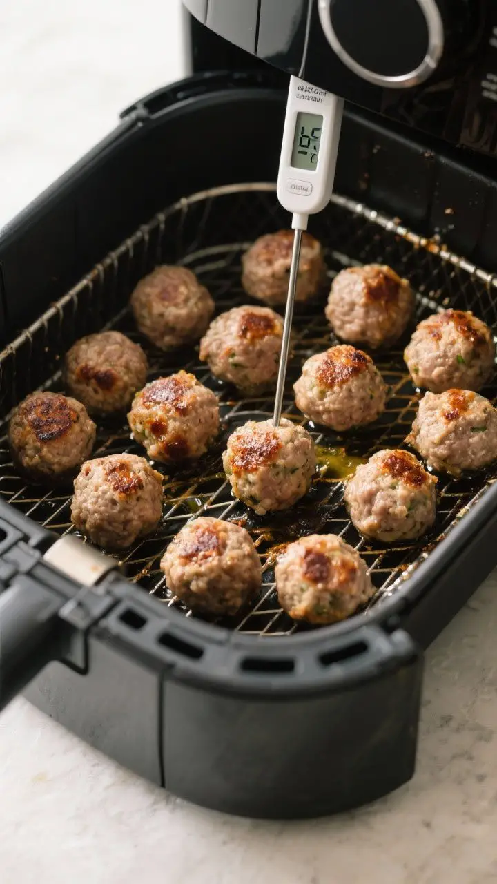 Cooking process: Overhead shot of turkey meatballs arranged in a single layer in an open air fryer a