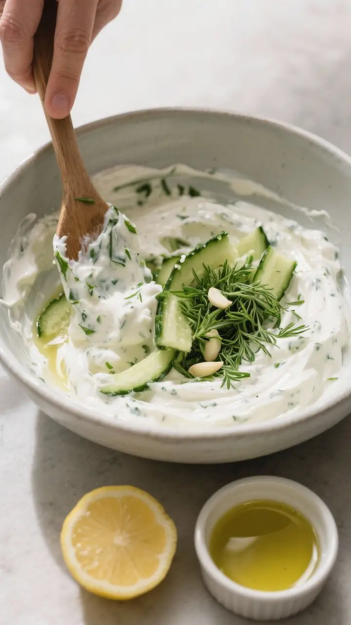 Cooking process: Overhead shot of tzatziki being finished in a mixing bowl—spatula folding in the 