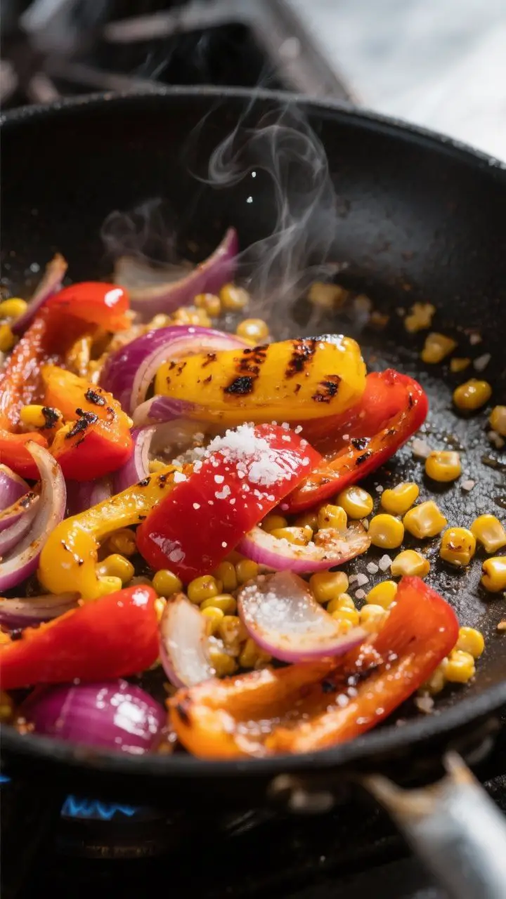 Cooking process: Sautéed bell peppers (red and yellow) and red onions in a large black skillet over