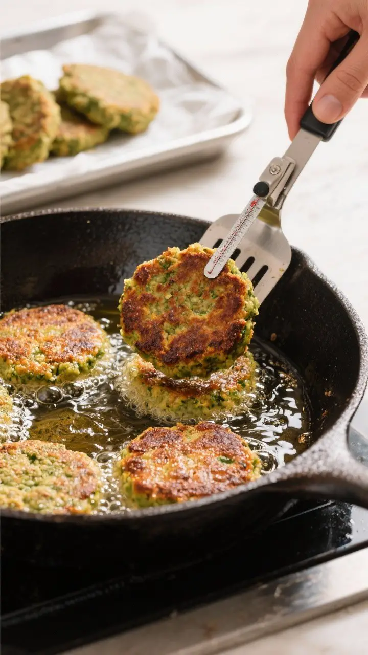 Cooking process: Shallow-frying falafel patties in a heavy cast-iron skillet with 1/2 inch of shimme