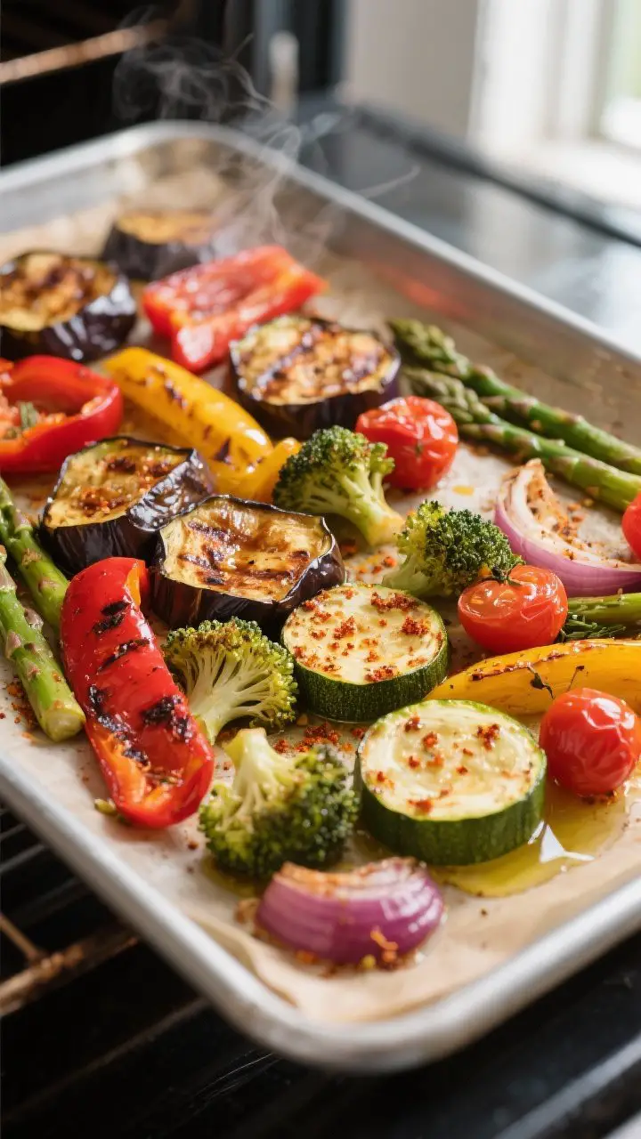 Cooking process, sheet-pan roast: Close-up of caramelized Mediterranean vegetables just out of a 425