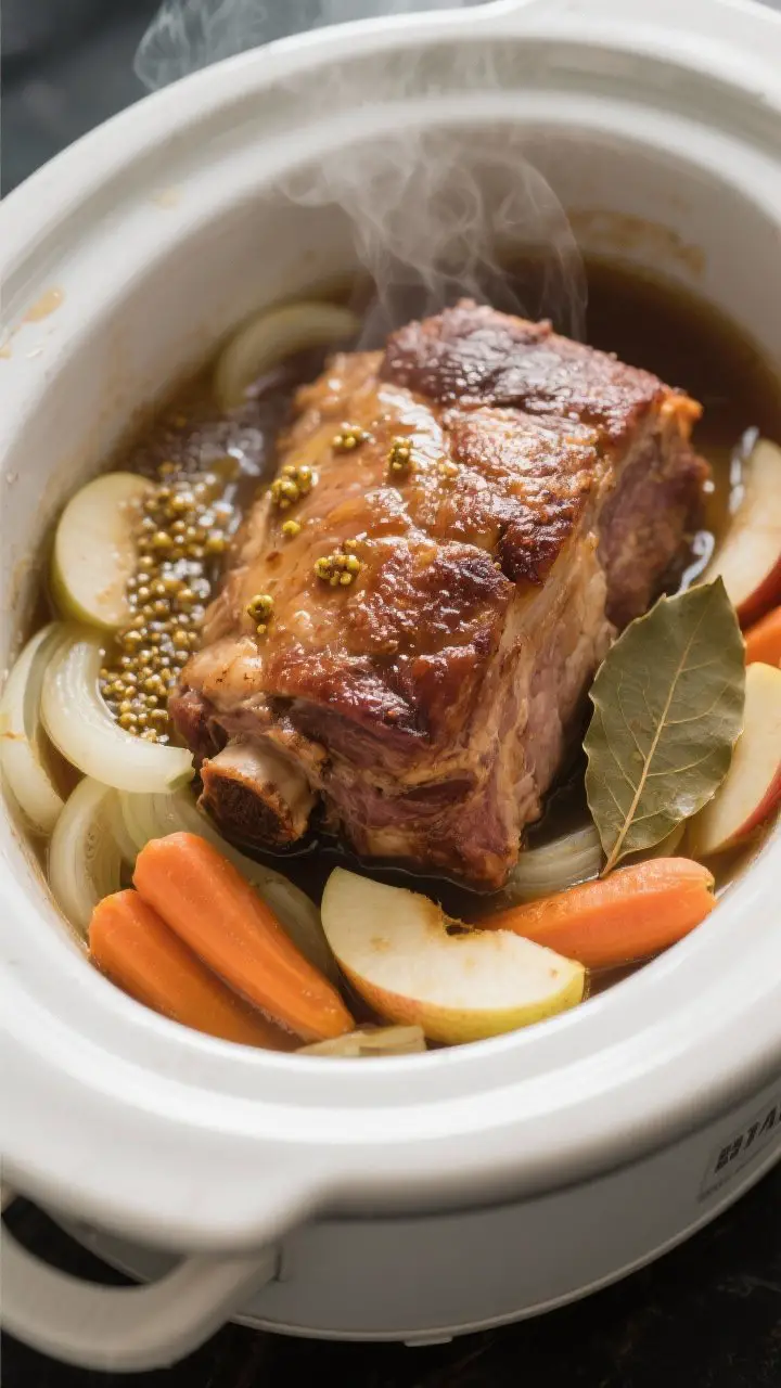 Cooking process shot: Overhead view inside a slow cooker near the end of cooking— browned pork roa