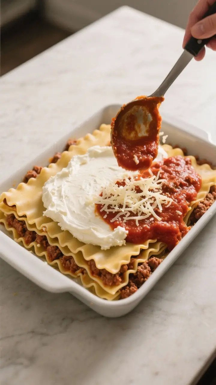 Cooking process shot: Overhead view of layering the lasagna in a 9x13 dish—par-cooked noodles laid
