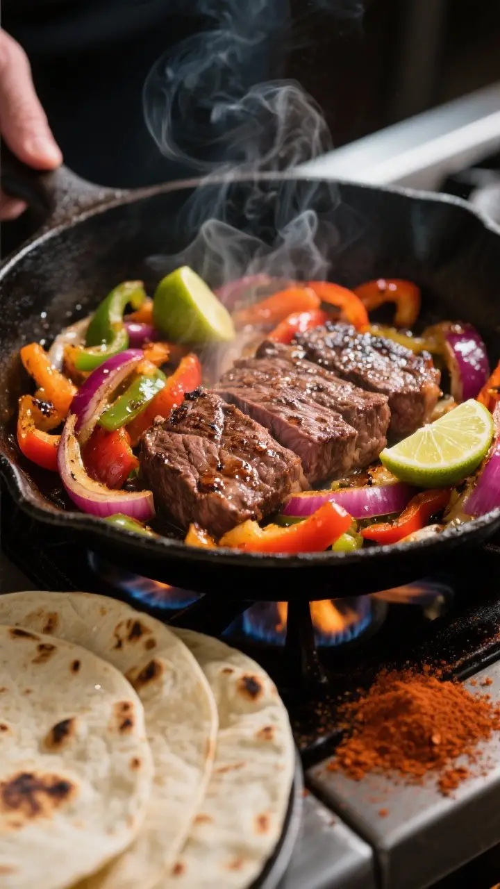 Cooking process shot: Steak fajitas in a cast-iron skillet over medium-high heat, showing sautéed b