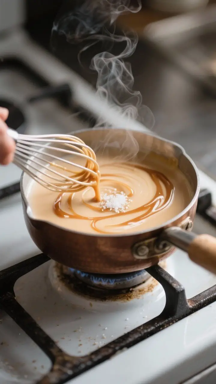 Cooking process shot: the caramel milk coming together in a small saucepan—silky, pale-tan caramel