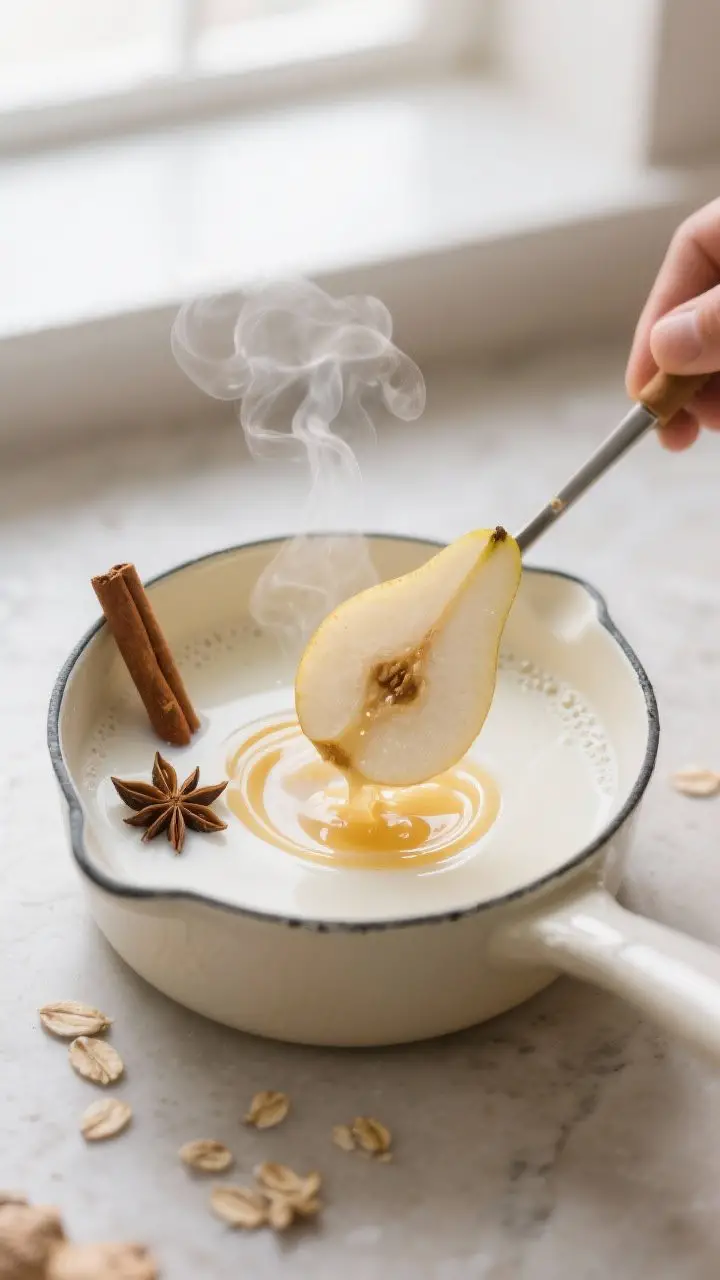 Cooking process — Silky pear puree being stirred into warm, steaming milk in a small saucepan: cre