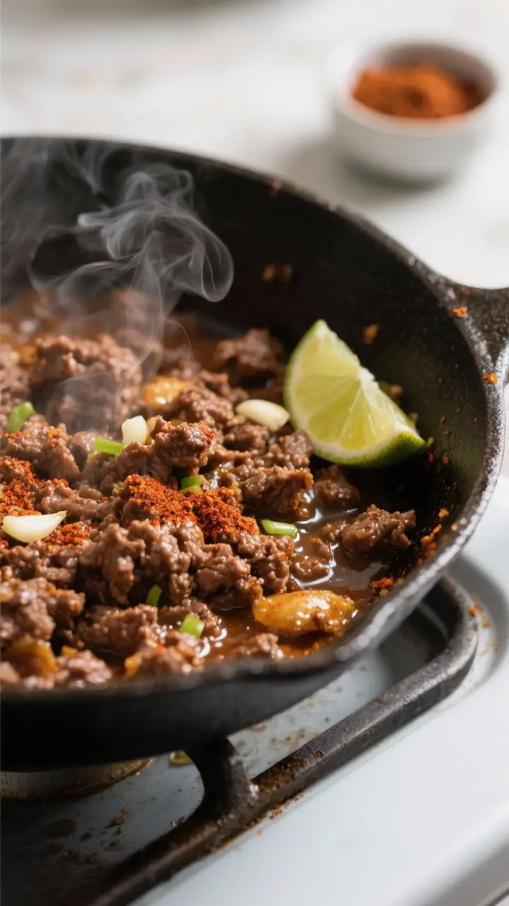 Cooking process — Sizzling taco beef in skillet: Close-up of browned, crumbled ground beef simmeri