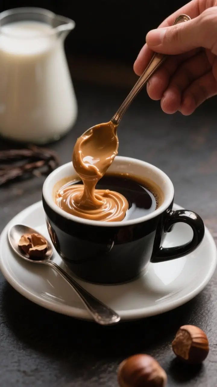 Cooking process: The chestnut-vanilla mixture being incorporated into hot espresso in a pre-warmed m