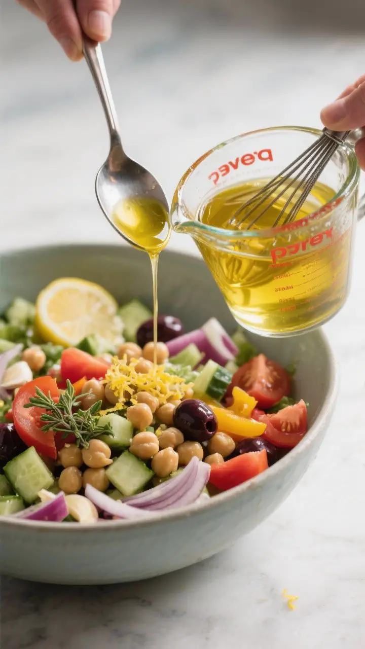 Cooking process: The dressing being whisked to a silky emulsion in a glass measuring cup beside a la