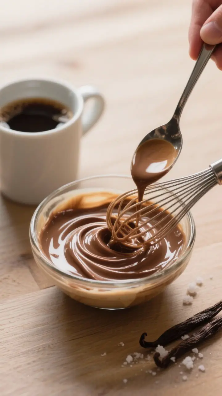 Cooking process: The “Irish cream” base being whisked smooth in a small glass bowl—sweetened c