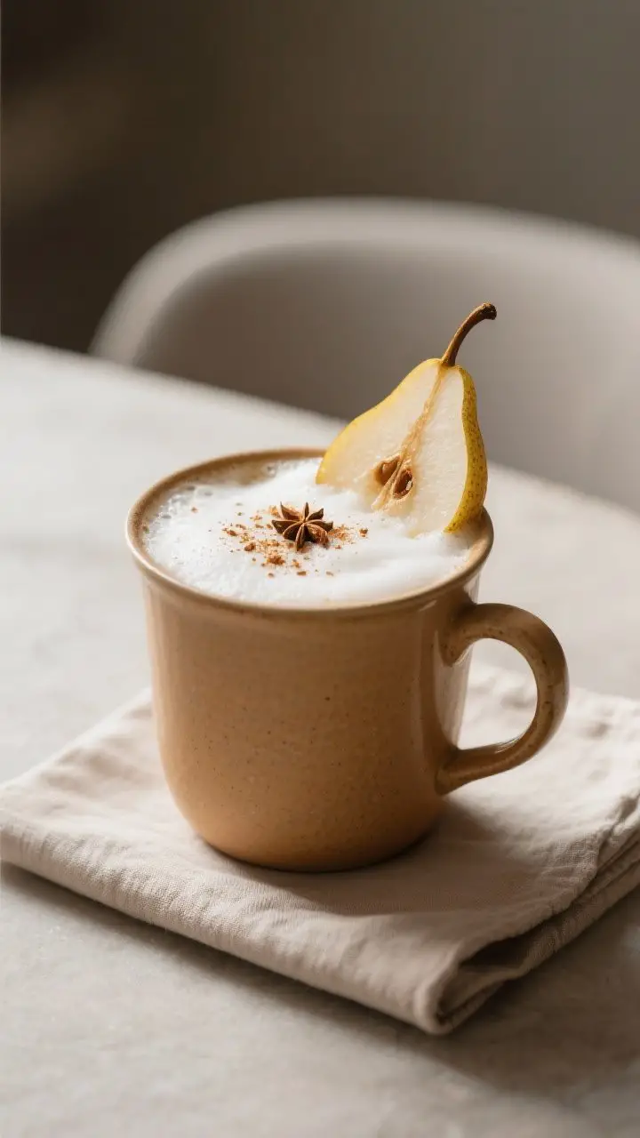 Final dish — Café-style Spiced Pear Steamer in a warm ceramic mug: ultra-frothy top with a delica