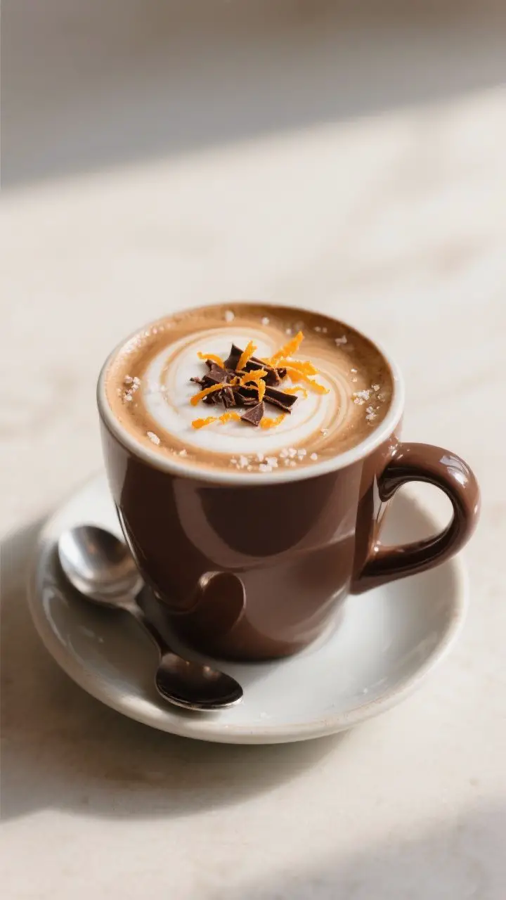 Final dish: Chocolate Orange Latte assembled in a heated ceramic mug, glossy micro-foam dome on top