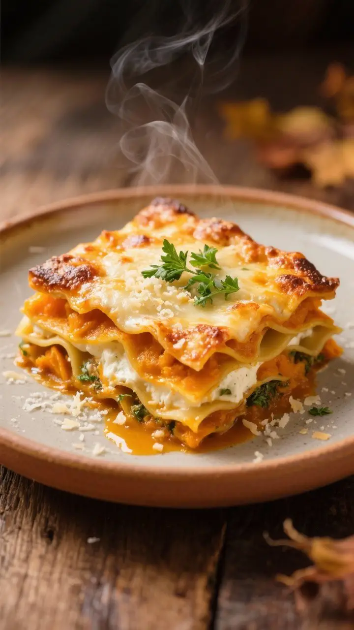 Final dish, golden and cozy: Freshly baked butternut squash lasagna slice plated on a warm-toned cer