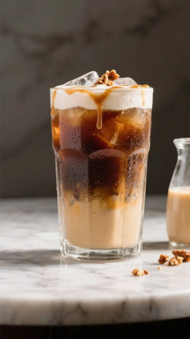 Final dish (iced variation): A tall glass of iced Toffee Nut Brew built over clear ice, showing defi
