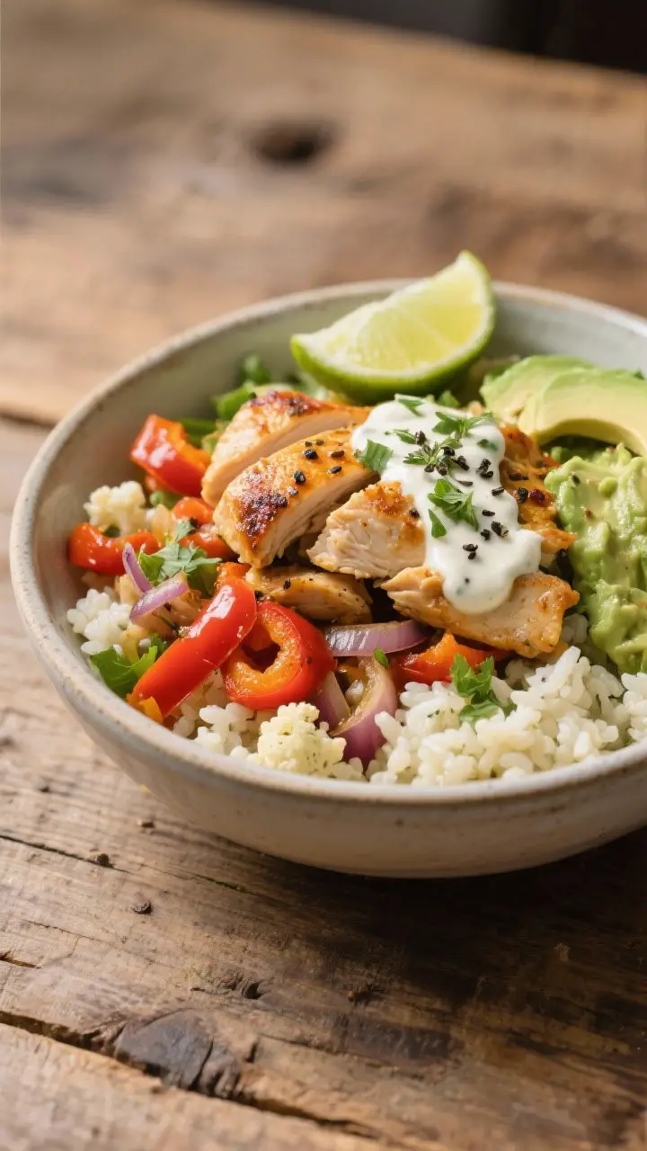 Final dish, plated hero shot: Beautifully plated Cauliflower Rice Burrito Bowl with Chicken & Pepper