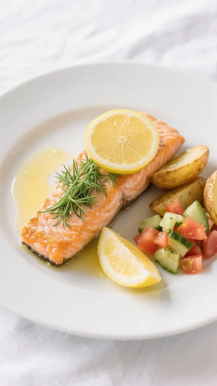 Final dish presentation: Beautifully plated Greek Salmon with Lemon, Dill & Olive Oil on a matte whi